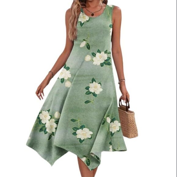HOTOUCH Midi Dress Sundres Green Floral Pockets Sleeveless Hankerchief Hem Small - Picture 2 of 13